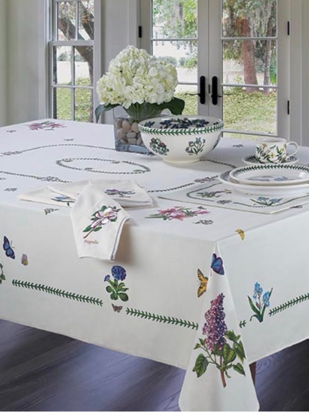 Portmeirion White Tablecloth with Multicolor Floral and Butterfly Embroidery